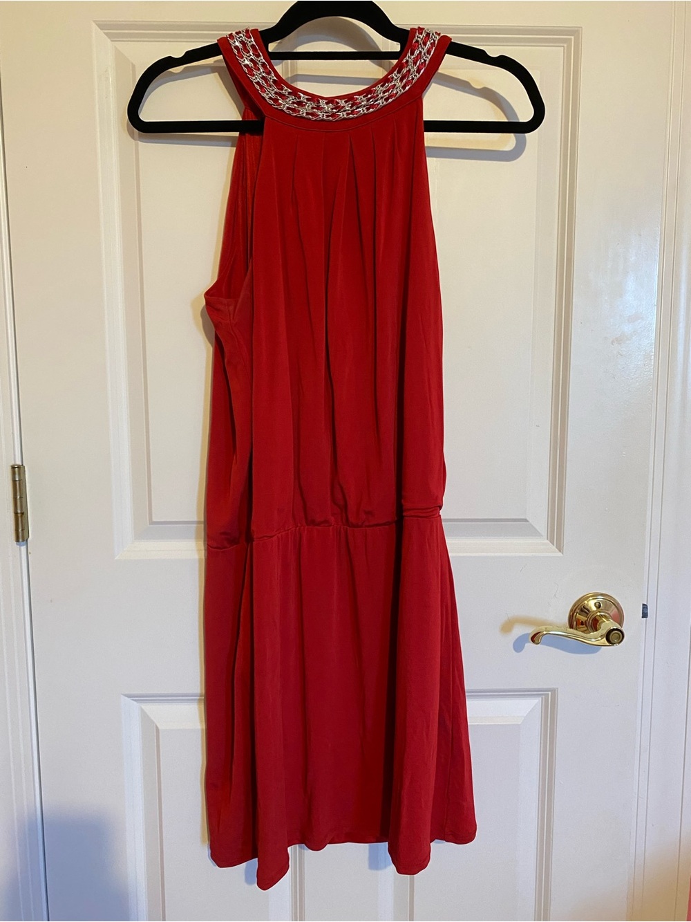 White House Black Market red sleeveless beaded collar dress, size large